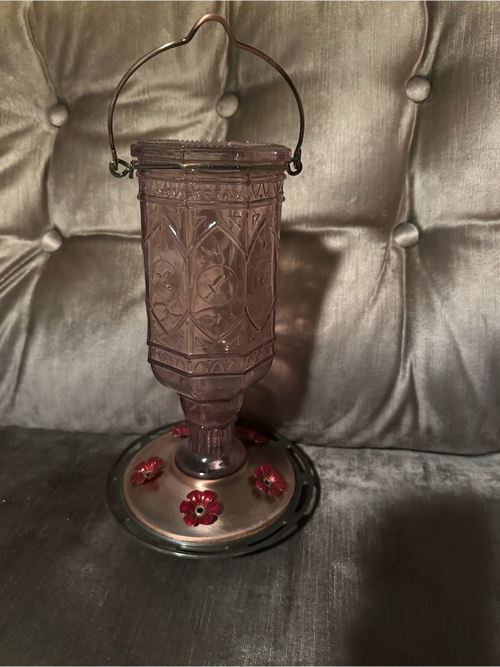 Vintage-Style Purple Glass Hummingbird Feeder with Decorative Base